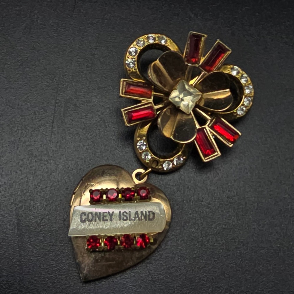 Red Rhinestone Coney Island Souvenir Brooch Vintage 1950s Inscribed